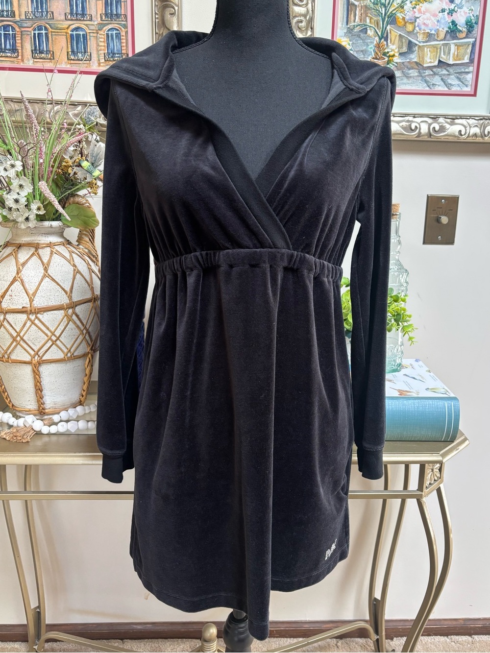 MICHAEL KORS Black Velour Hooded Empire Waist Tunic Silver MK Embellishment